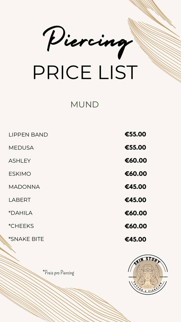 Piercing Preis Liste 3